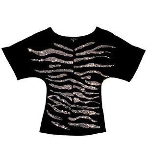 Bebe Black Drapey Off Wide Shoulder Boatneck Silver Sequin Zebra Stripe Shirt S